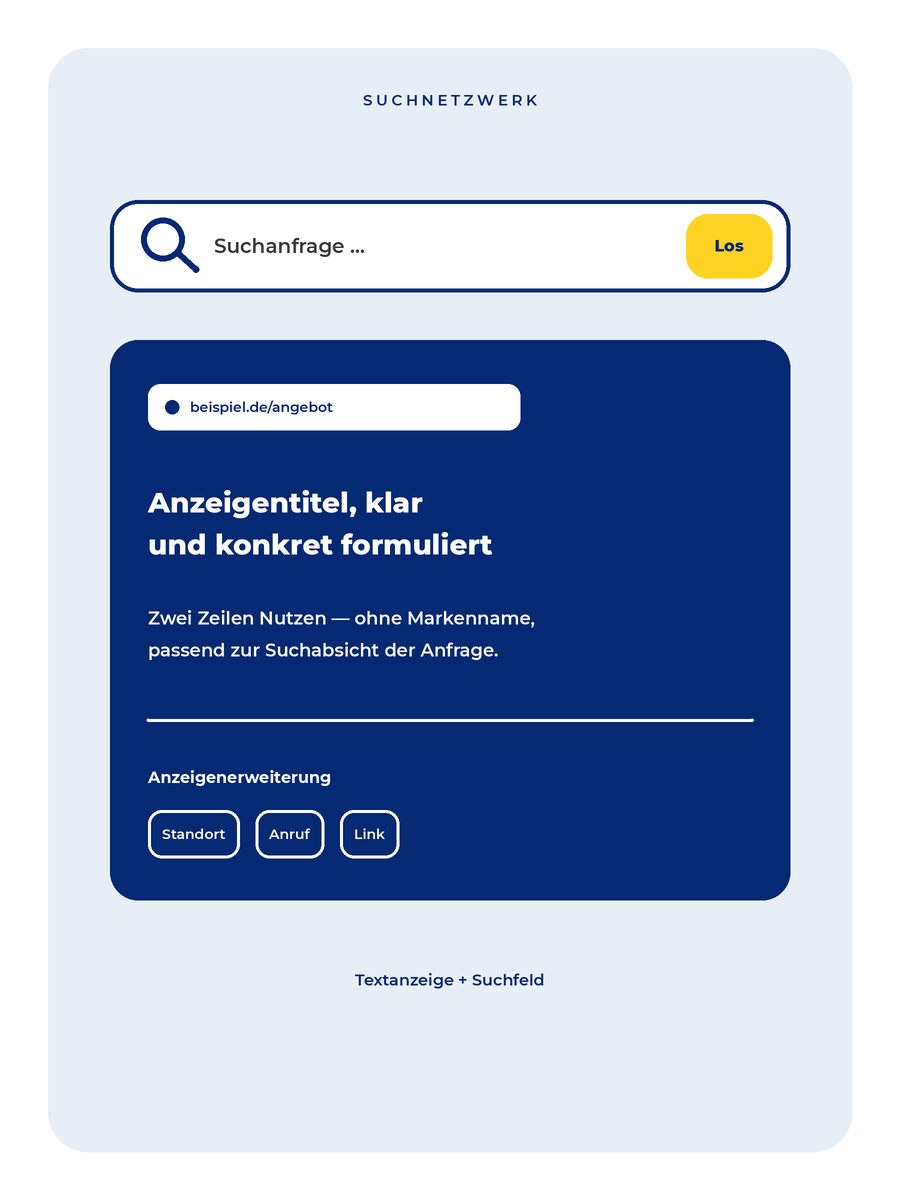 Suchfeld und generische Textanzeige mit Titel, zwei Zeilen und URL-Leiste.